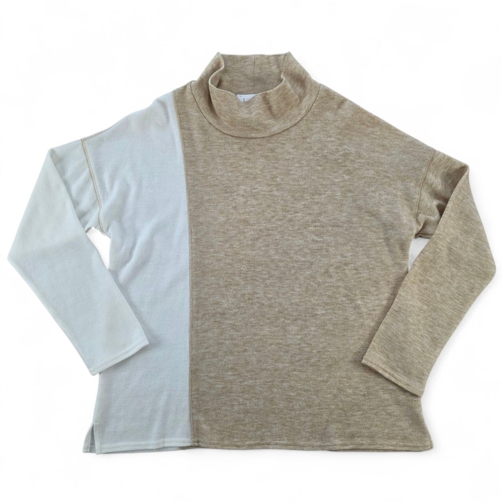 Joseph Ribkoff Colorblock Mock Neck Knit Sweater Tan White Women Size 8 Neutral - Picture 2 of 6